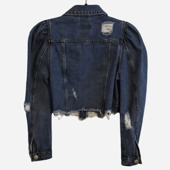 Distressed Blue Cropped Jean Jacket With Juliet Sleeve And Raw Hem - Picture 2 of 4